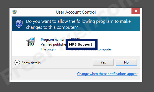 Screenshot where MP3 Support appears as the verified publisher in the UAC dialog